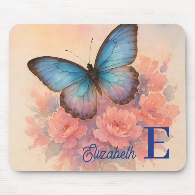 Chic Watercolor Butterfly Floral Custom Name Mouse Pad (Front)
