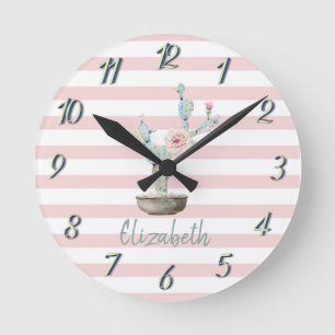 Chic Watercolor Cactus,Pink Stripes Round Clock