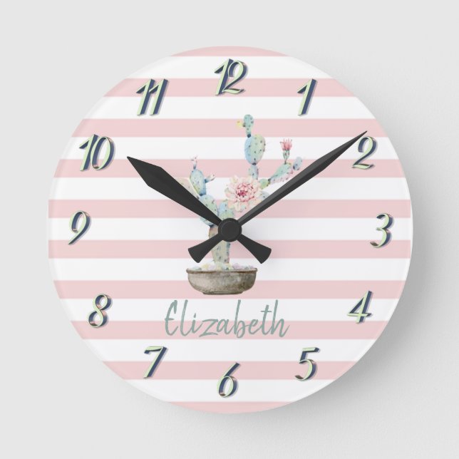Chic Watercolor Cactus,Pink Stripes   Round Clock (Front)