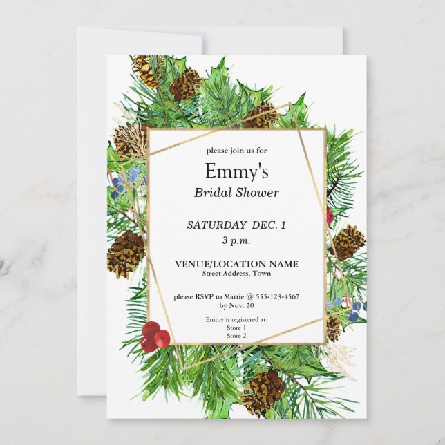 Chic Watercolor Christmas Greenery Bridal Shower Invitation (Front)