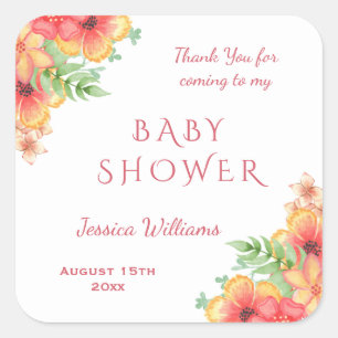 Chic Watercolor Corner Flowers Baby Shower Square Sticker