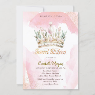Chic Watercolor Crown Flowers Sweet 16 Invitation