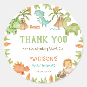 Chic Watercolor Cute Dinosaur Baby Shower Favor Classic Round Sticker