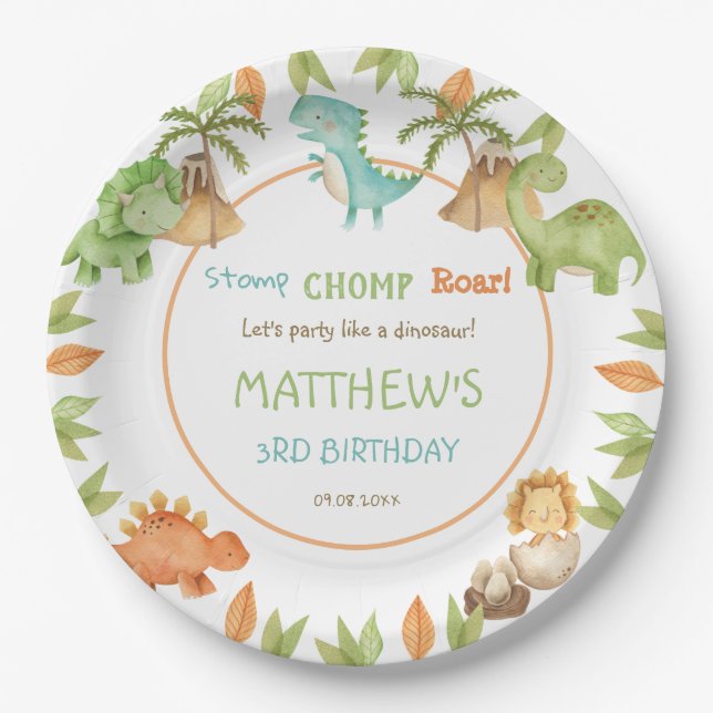 Chic Watercolor Cute Dinosaur Birthday Party  Paper Plate (Front)