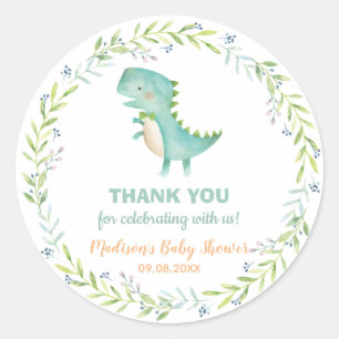 Chic Watercolor Cute Dinosaur Boy Baby Shower  Classic Round Sticker