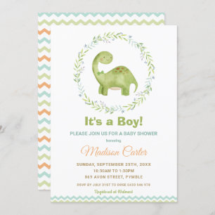 Chic Watercolor Cute Dinosaur Boy Baby Shower Invitation
