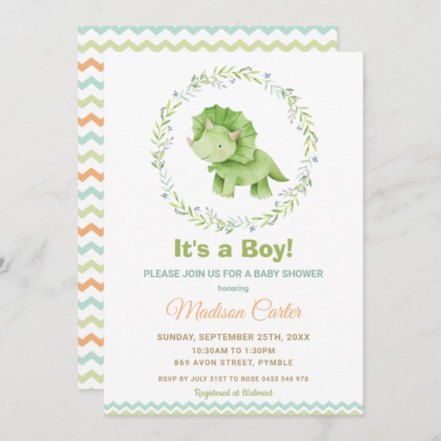 Chic Watercolor Cute Dinosaur Boy Baby Shower Invitation (Front/Back)