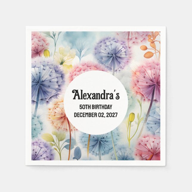 Chic Watercolor Dandelions Floral Pattern  Napkin (Front)