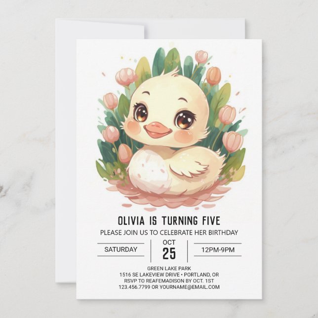 Chic Watercolor Duck Birthday Invitation (Front)