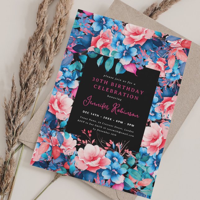 Chic Watercolor Floral 30th Birthday Black  Invitation (Chic Watercolor Floral 30th Birthday Black Invitation)