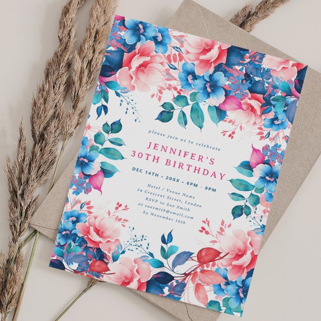 Chic Watercolor Floral 30th Birthday  Invitation (Chic Watercolor Floral 30th Birthday Invitation)