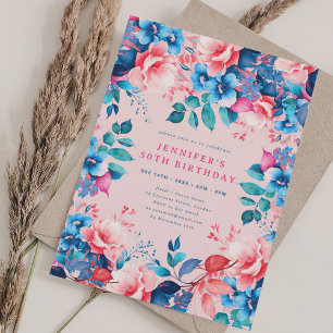 Chic Watercolor Floral 50th Birthday Blush  Invitation