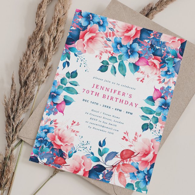 Chic Watercolor Floral 70th Birthday  Invitation (Chic Watercolor Floral 70th Birthday Invitation)