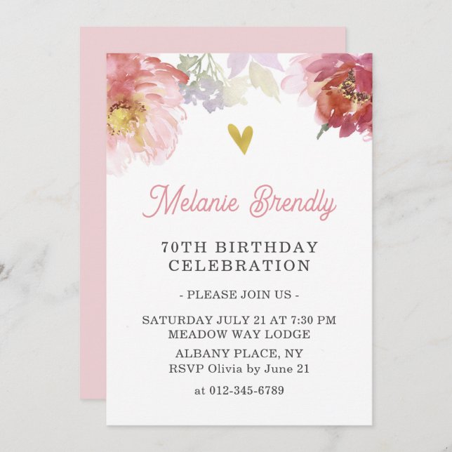 Chic Watercolor Floral 70th Birthday Party Invite  (Front/Back)