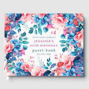 Chic Watercolor Floral 80th Birthday Guest Book