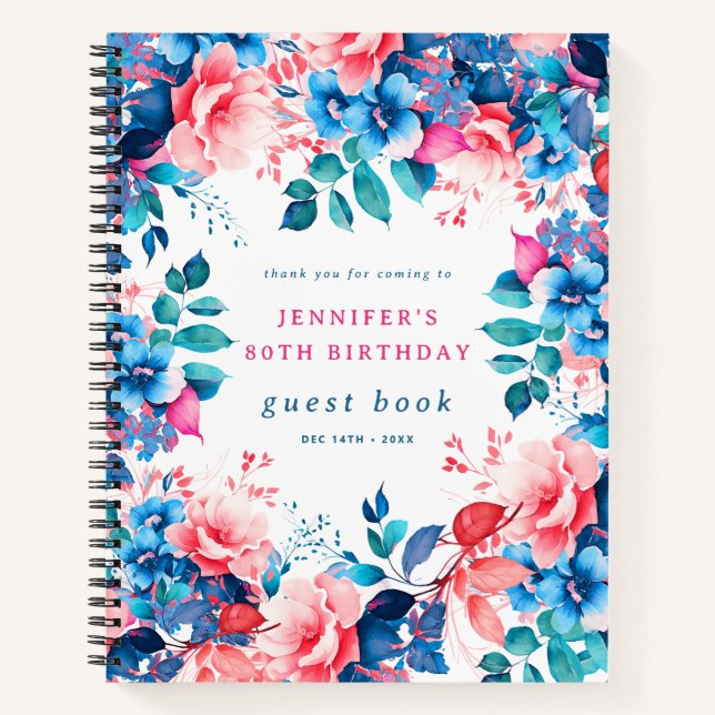 Chic Watercolor Floral 80th Birthday Guest Book (Front)
