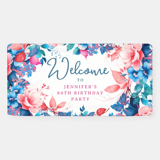 Chic Watercolor Floral 80th Birthday Party Banner (Horizontal)