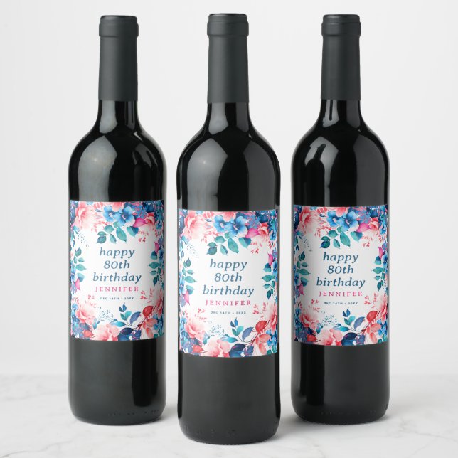 Chic Watercolor Floral 80th Happy Birthday  Wine Label (Bottles)