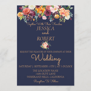 Chic Watercolor Floral Blue Wedding Invitation