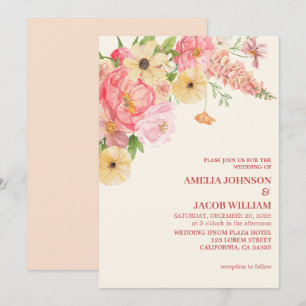 Chic Watercolor floral butter yellow peach Wedding Invitation