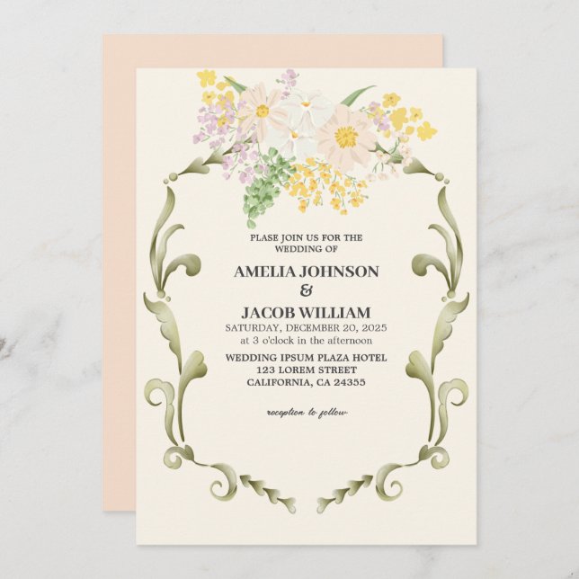 Chic Watercolor floral butter yellow peach Wedding Invitation (Front/Back)