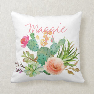 Chic Watercolor Floral,Cactus Personalised Cushion
