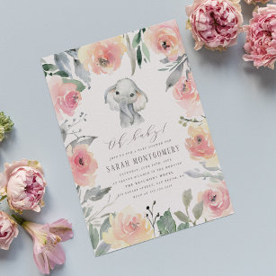 Chic Watercolor Floral Elephant Baby Girl Shower Invitation Postcard