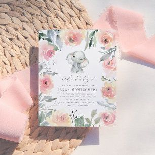 Chic Watercolor Floral Elephant Baby Girl Shower Invitation Postcard