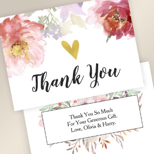 Chic Watercolor Floral Gold Heart Thank You Card
