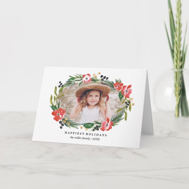 Chic Watercolor Floral Holiday Photo Card (Front)