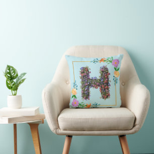 Chic Watercolor Floral Letter H Cushion