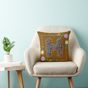 Chic Watercolor Floral Letter H Cushion
