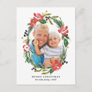 Chic Watercolor Floral Oval Holiday Photo