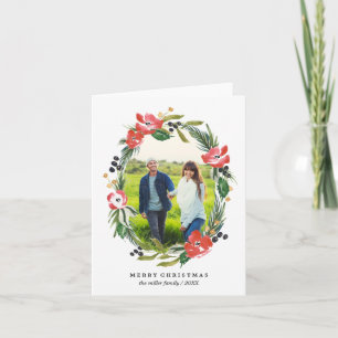 Chic Watercolor Floral Oval Photo Christmas Holiday Card