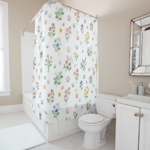 Chic Watercolor Floral & Paw Print Shower Curtain