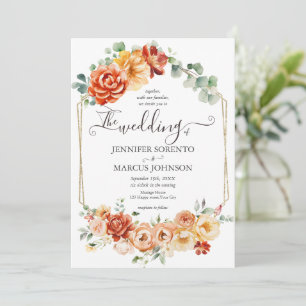 Chic Watercolor Floral Peach,Gold,Orange Wedding Invitation