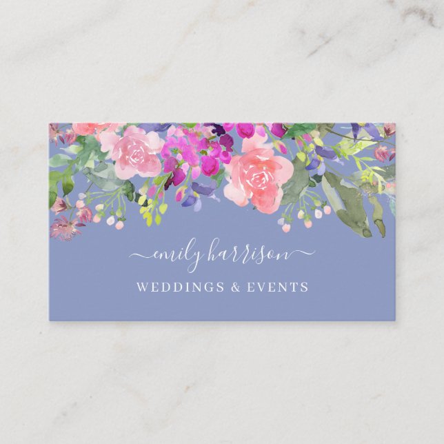Chic Watercolor Floral Periwinkle Business Card (Front)