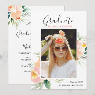 Chic Watercolor Floral Photo Graduation Party Invi Invitation