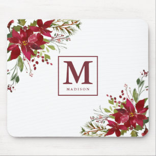 Chic Watercolor Floral Poinsettia Monogram Mouse Pad