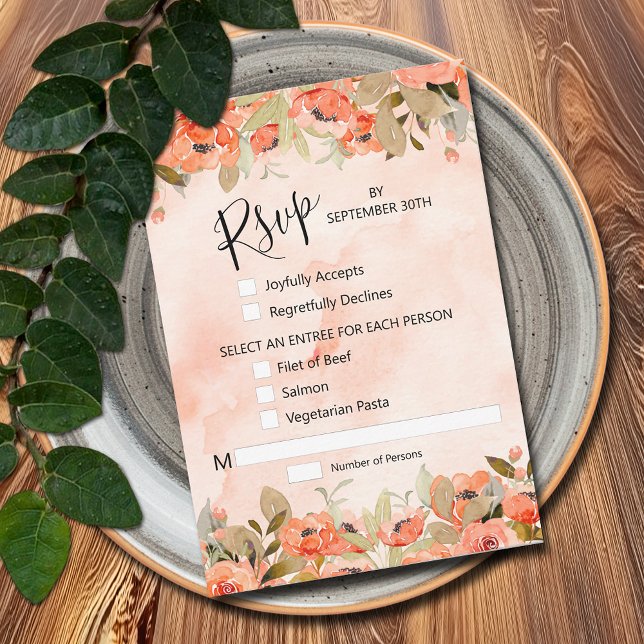 Chic Watercolor Floral  RSVP Card (Watercolor Orange Floral RSVP Cards with menu selections)