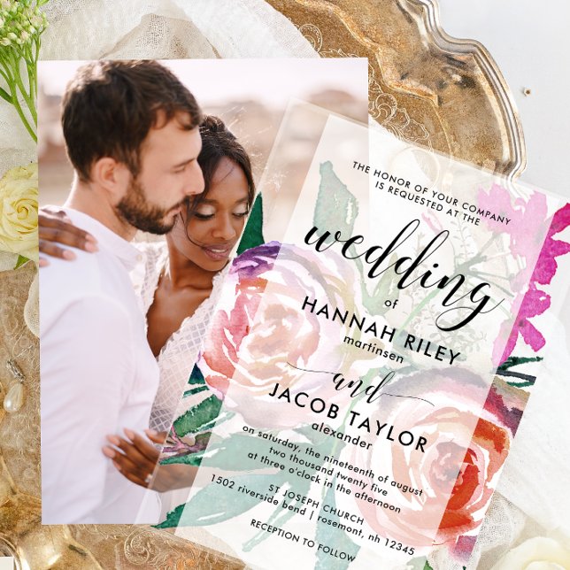 Chic Watercolor Floral Wedding Acrylic Invitations (Creator Uploaded)