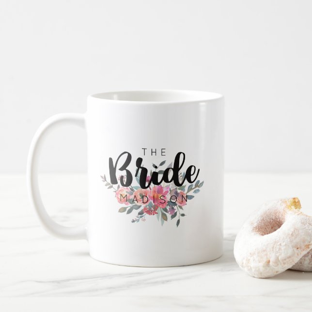 Chic Watercolor Floral Wedding Bride Coffee Mug (With Donut)
