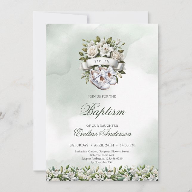 Chic watercolor floral wreath white shoes Baptism Invitation (Front)