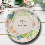 Chic Watercolor Florals Blush Pink Wedding Paper Plate<br><div class="desc">Beautiful watercolor white and green hydrangeas,  pink and cream roses,  daisies,  small blossoms and leaves on blush pink,  personalise these paper plates for your wedding,  bridal shower,  engagement party,  with your details in chic lettering. MATCHING items in our store.</div>