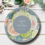 Chic Watercolor Florals Dusty Blue Wedding Paper Plate<br><div class="desc">Beautiful watercolor white and green hydrangeas,  pink and cream roses,  daisies,  small blossoms and leaves on dusty blue,  personalise these paper plates for your wedding,  bridal shower,  engagement party,  with your details in chic white lettering. MATCHING items in our store.</div>