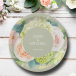 Chic Watercolor Florals Sage Green Wedding Paper Plate<br><div class="desc">Beautiful watercolor white and green hydrangeas with pink and cream roses,  daisies,  small blossoms and leaves on sage green,  personalise these paper plates for your wedding,  bridal shower,  engagement party,  with your details in chic white lettering. MATCHING items in our store.</div>