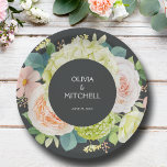 Chic Watercolor Florals Wedding Paper Plate<br><div class="desc">Beautiful watercolor of white and green hydrangeas with pink and cream roses,  daisies,  small blossoms and leaves,  create these paper plates for your wedding,  bridal shower,  engagement party,  with your details in chic white lettering on a dark background. MATCHING items in our store.</div>