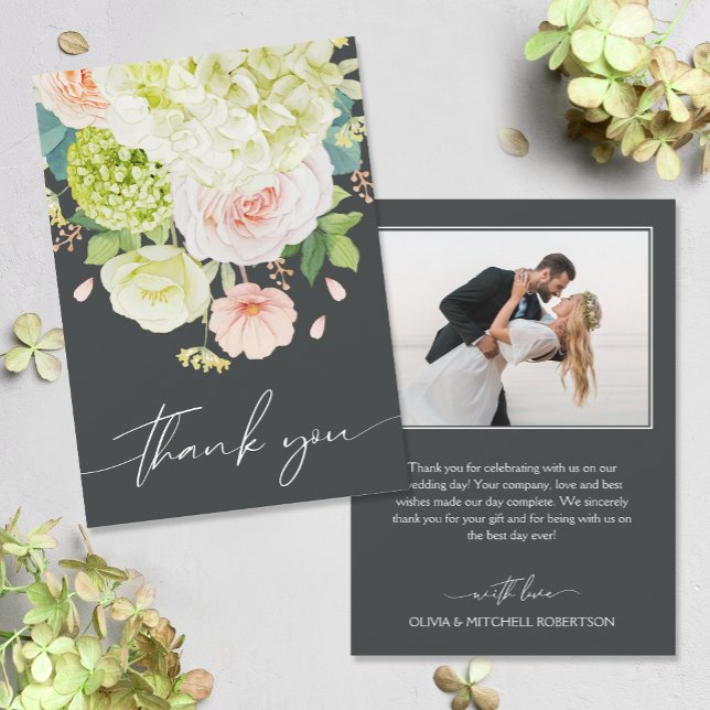 Chic Watercolor Florals Wedding Photo Thank You Card (Watercolor florals on front and your photo and message on the back, flat wedding thank you cards)