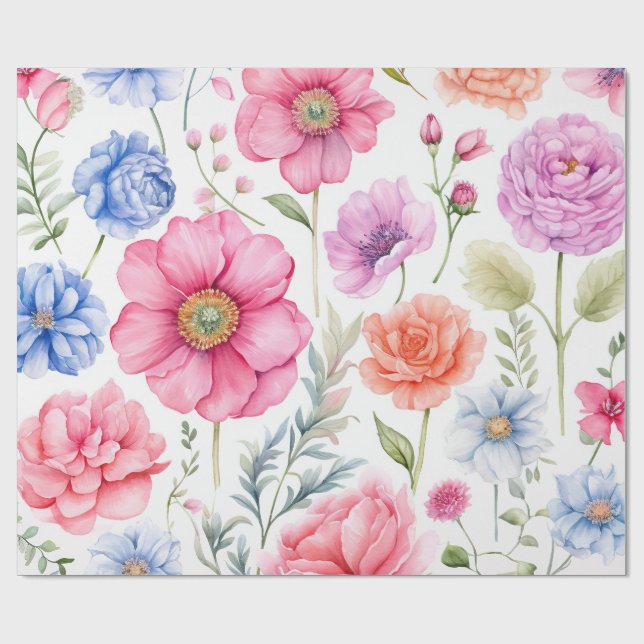 Chic Watercolor Flower Patterned  Wrapping Paper (Flat)