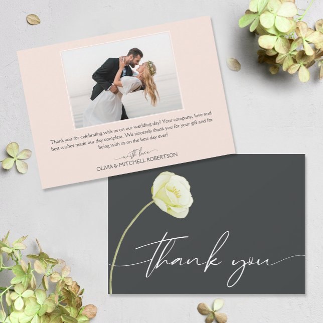 Chic Watercolor Flower Wedding Photo Thank You Card (Watercolor flower on front, your photo and message on the back of flat wedding thank you cards)